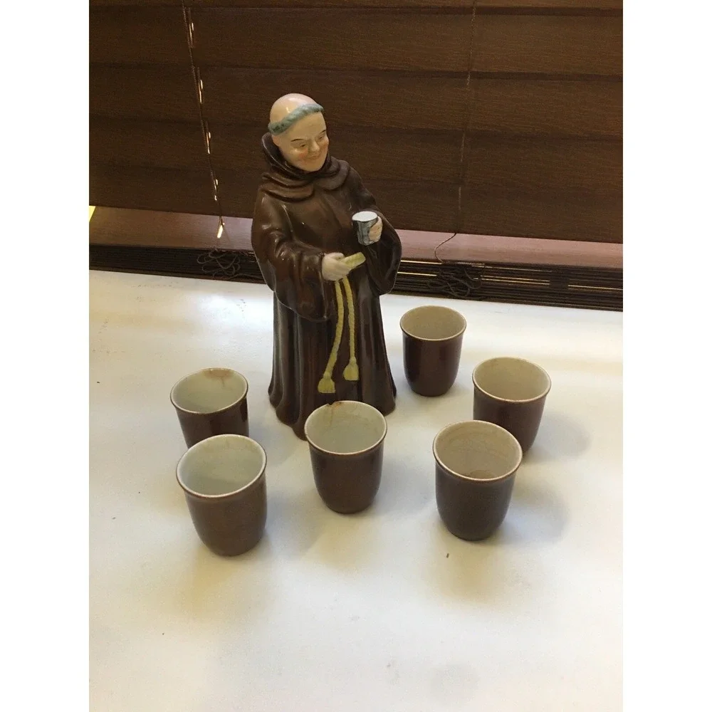 Antique 1940s Monk Wine Decanter Set Ceramic With 6 Cups Japan MCM Barware Brown